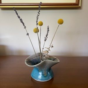 Vintage mid century modern studio ceramic teal glaze three multi spout pot vase